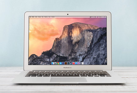 KIEV, UKRAINE - JANUARY 29, 2015: Brand new Apple MacBook Air Early 2014, designed and developed by Apple Inc., it was released on April 29, 2014のeditorial素材