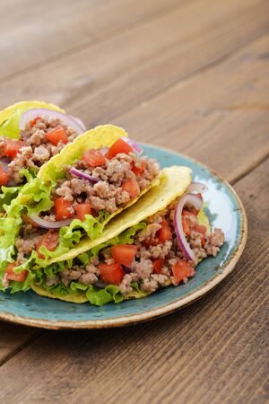 Mexican tacos with meat, onion and tomato on plate on wooden backgroundの写真素材
