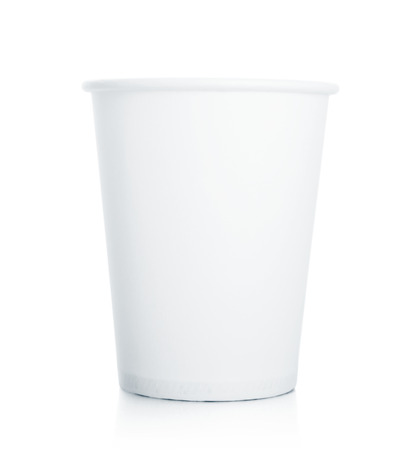 Empty white paper cup isolated on white backgroundの写真素材