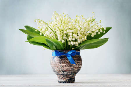 Bouquet of may-lily in vase on blue backgroundの写真素材