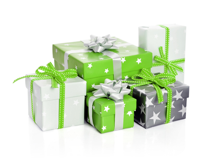 Gift boxes with ribbons isolated on white backgroundの写真素材