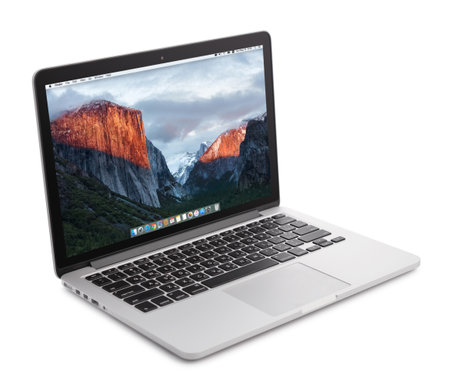 Kiev, Ukraine - May 15, 2016:Brand new Macbook Pro with with Retina display and OS X EL Capitan isolated. MacBook is a brand of notebook computers manufactured by Apple Inc.のeditorial素材
