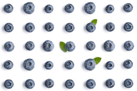Blueberries on white background isolated,  top view, flat lay pattern.の写真素材