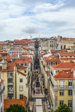 LISBON, PORTUGAL - JULY 3, 2019: Aerial view on observation deck of the "Elevador de Santa Justa" in the old part of Lisbonのeditorial素材