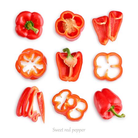 Set of fresh whole and sliced sweet red pepper isolated on white background, top viewの写真素材