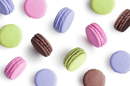 Colorful cake macaron or macaroon on white background as pattern. Top view.の写真素材