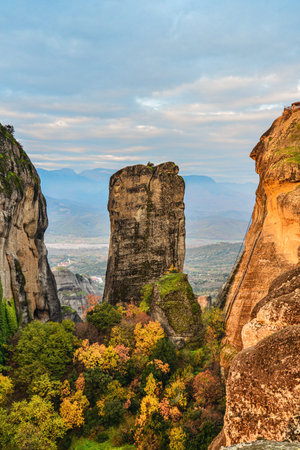 Beautiful Sunrise in the valley of Meteora in Greece at the autumnの写真素材