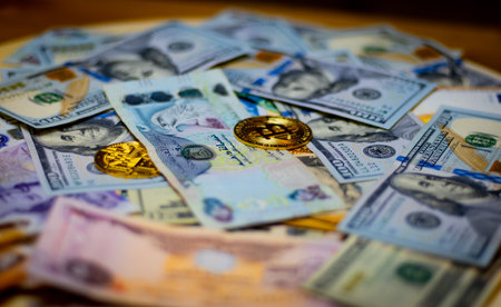 euro banknotes and coins, dollar banknotes with bitcoin. High quality photo