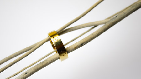 golden bracelet with a ring on a white background, jewelry conceptの写真素材