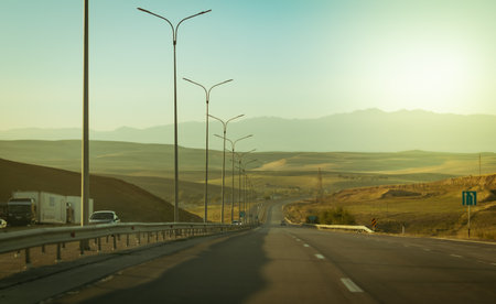 road in the morning, road with Mountain, Kazakhstan road and nature. High quality photo