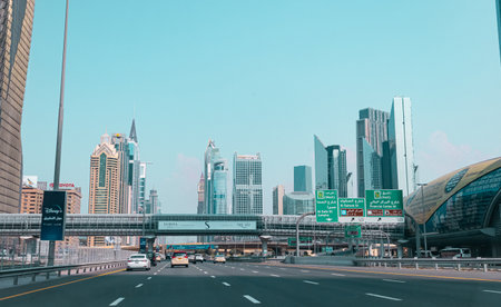 Dubai, UAE: 04112023- View of the road and buildings during daytime, Modern city, high buildings....