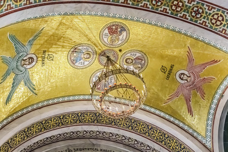 Belgrade, Serbia- 10162024: The Temple Of Saint Sava indoor interior, people pray in an Orthodox...