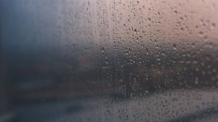 Drops on glass on rainy cloudy day evoke melancholy and sadness. View of city from the window. Selective focus. High quality photoの写真素材