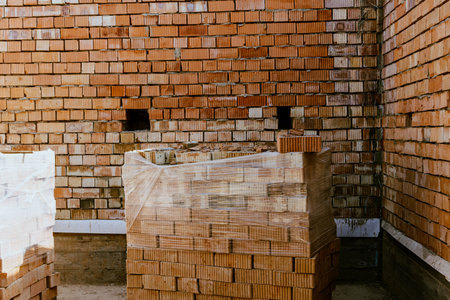 Building materials are on floor, stack red bricks. Production high-quality ceramic brick matte, reddish, porous fracture. Brick used for laying foundation. Purchase building material at hardware store. High quality photoの写真素材
