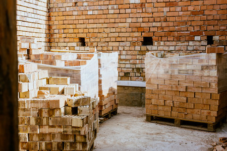 Building materials are on floor, stack red bricks. Production high-quality ceramic brick matte,...
