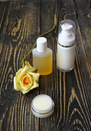 Body cosmetics on wooden backgroundの写真素材