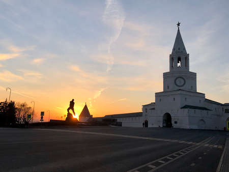 Kazan kremlin and sculpture of tatar poet Musa Jalil at sunset, Russiaのeditorial素材