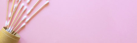 Eco wooden cotton swabs flying out of the box, bannerの写真素材