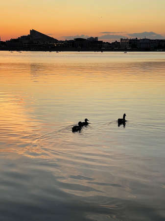 Beautiful sunset on the Kaban lake in the center of Kazan, Russiaの写真素材