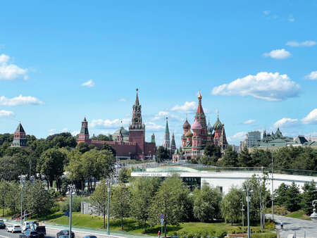 20 of July 2021 - Moscow, Russia: Moscow Kremlin and St. Basil's Cathedral, view from Zaryadye Park.
