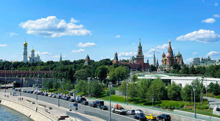 20 of July 2021 - Moscow, Russia: Moscow Kremlin and St. Basil's Cathedral, view from Zaryadye Park.のeditorial素材