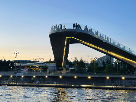 20 of July 2021 - Moscow, Russia: Soaring bridge over the Moscow river in Zaryadye park.