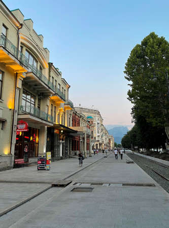 21 of July 2021 - Vladikavkaz, Russia: Pedestrian street in the center of Vladikavkaz, North Ossetia, Russiaのeditorial素材