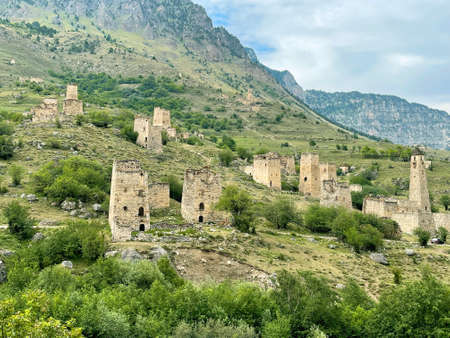 Ancient ruined city in a mountain valley, Ingushetia, Caucasus, Russiaの写真素材