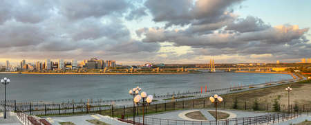 Residential sleeping areas of Kazan, high-rise modern Kazan, panoramic view from the central part of the city to the Novo-Savinovsky district and the Kazanka riverの写真素材