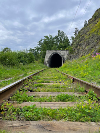 Railway along the shore of Lake Baikal, Russiaの写真素材