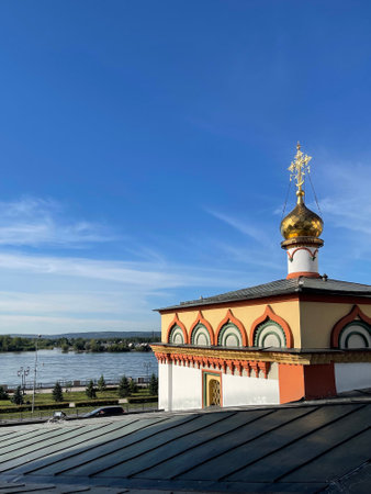Cathedral of the Epiphany on the banks of the Angara River in Irkutsk, Russia