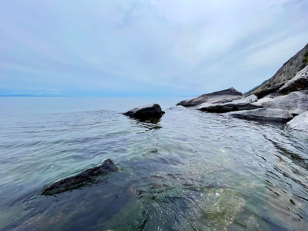 Rocky coast of Lake Baikal, Russiaの写真素材