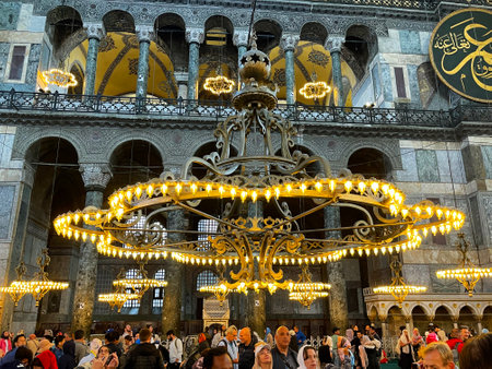 16 of April 2023 - Istanbul, Turkey: Interior decoration of Hagia Sofia, beautiful chandeliers,...