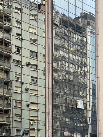 Reflections in a modern building, Buenos Aires, Argentina.