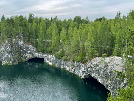 Marble Canyon filled with water in Ruskeala Park, Karelia, Russiaの写真素材