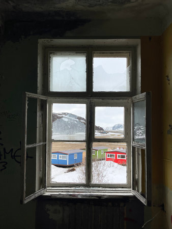 View from the broken window of abandoned school. Teriberka, Russia.