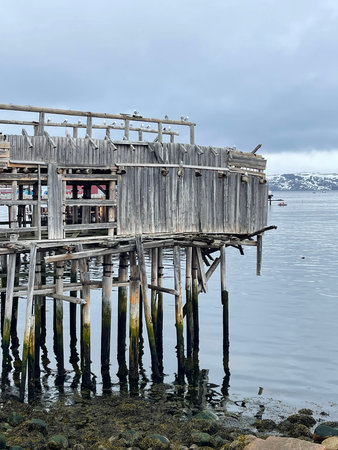 Old abandoned wooden pier on the Barents Sea coast, Teriberka, Russia