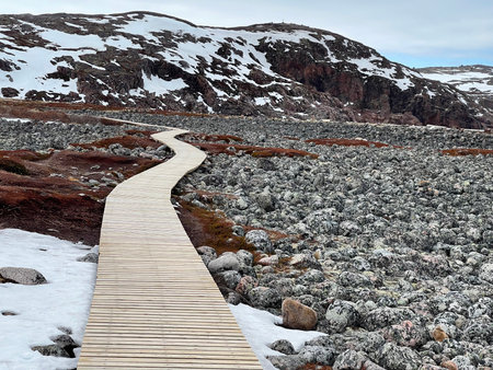 Wooden path in the tundra on the Barents Sea coast near Teriberka, Russiaの写真素材
