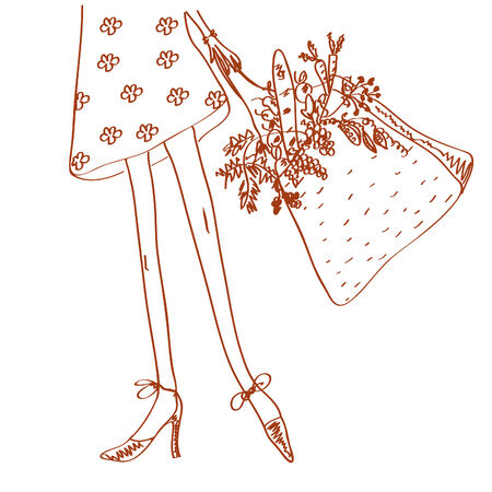 Girl with shopping bag full of fresh vegetables and fruits sketchのイラスト素材