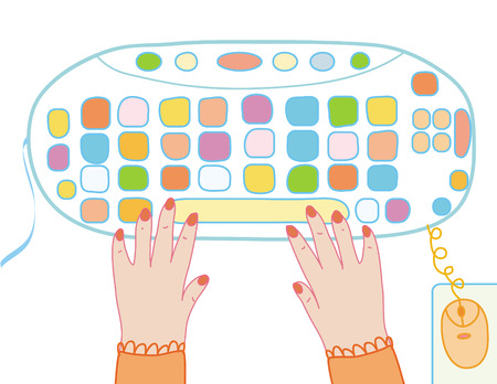 Computer keayboard funny cartoon and girls handsのイラスト素材