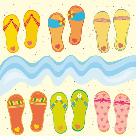 Collection of funny flip-flops on the beachのイラスト素材
