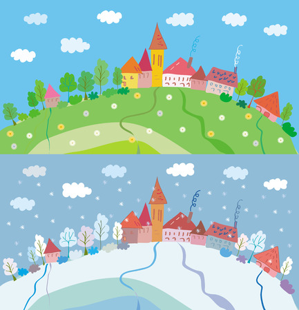 Spring and winter landscape with houses and trees. Summer and autumn is also availableのイラスト素材