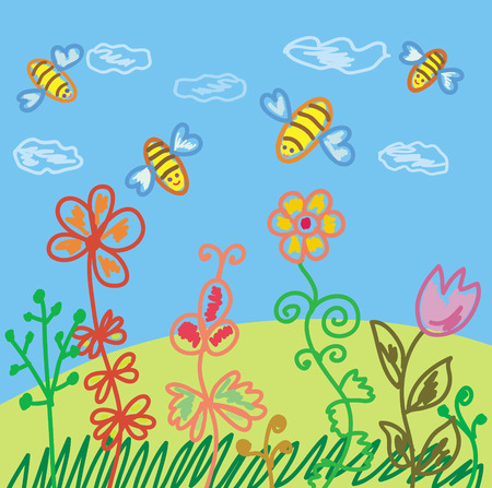 Summer scene with bees and flowersのイラスト素材