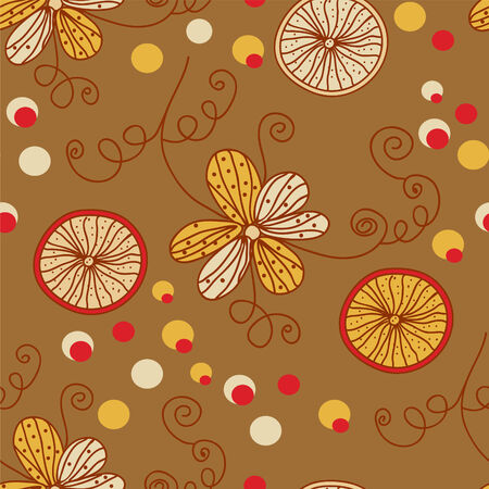 Retro pattern with flowers and lemon in brawn colorsのイラスト素材