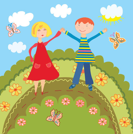 Happy boy and girl outdoor at summerのイラスト素材