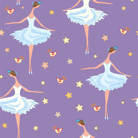Ballet seamless  pattern with girls, birds and starsのイラスト素材