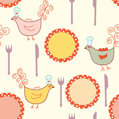Seamless cooking pattern with plates and birdsのイラスト素材
