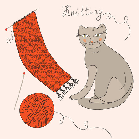 Knitting set with ball, scarf and catのイラスト素材