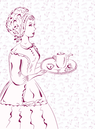 Vintage waitress sketch with coffee patternのイラスト素材