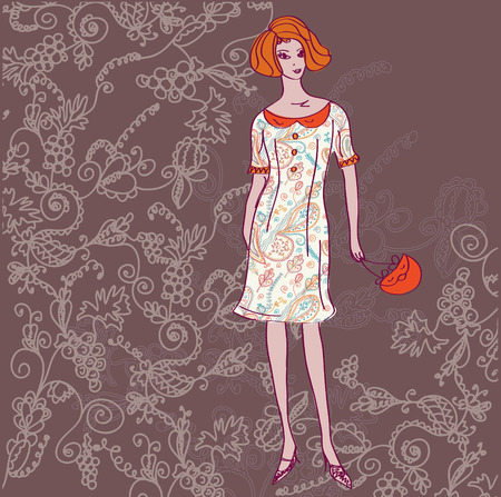 Fashion card with girl and floral patternのイラスト素材